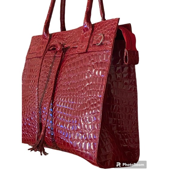 Elizabeth Arden Embossed Alligator Glossy Tassels Large Red Tote Bag Handbag - Picture 3 of 16